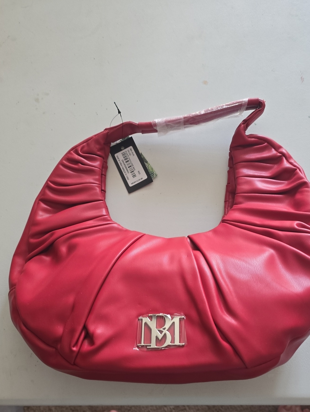 Badgley Mischka Red Ruched Shoulder Hobo with Silver Logo